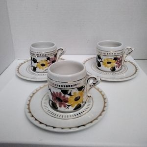 Hand painted expresso cup and saucer set of three made in Portugal
